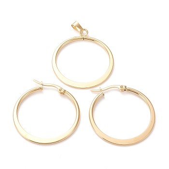 304 Stainless Steel Jewelry Sets, Hoop Earrings and Pendants, Flat Ring, Golden, Hoop Earrings: 34.5x30x2mm, Pin: 0.6x1mm, Pendant: 32x31x2mm, Hole: 6x3mm