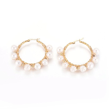 304 Stainless Steel Hoop Earrings, with Natural Pearls, Ring, Golden, 52x56x9~9.5mm, Pin: 0.7x1mm