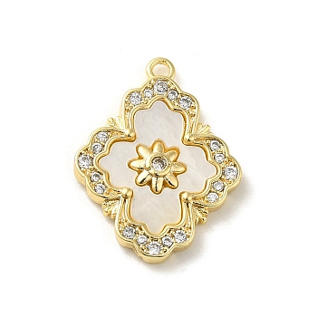 Brass Micro Pave Cubic Zirconia Pendants, with White Shell, Real 14K Gold Plated, Cross, 19x15x2mm, Hole: 1.2mm