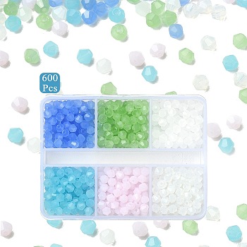 600Pcs 6 Colors Imitation Jade Electroplate Glass Beads Strands, Pearl Luster Plated, Faceted, Bicone, Mixed Color, 4x4mm, Hole: 0.8mm, 100Pcs/color