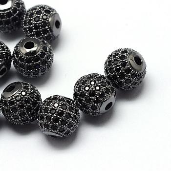 Rack Plating Brass Cubic Zirconia Beads, Long-Lasting Plated, Round, Gunmetal, 9.5~10x9~9.5mm, Hole: 2mm