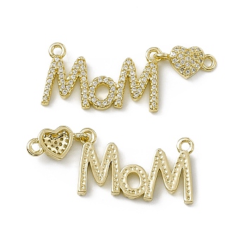 Rack Plating Brass Micro Pave Clear Cubic Zirconia Connector Charms, Mother's Day Links Word Mom with Heart for Women, Cadmium Free & Lead Free, Long-Lasting Plated, Real 18K Gold Plated, 17x36x2.5mm, Hole: 1.6mm