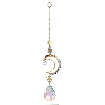 Glass Teardrop Pendant Decorations, Hanging Suncatchers, with Chakra Natural Gemstone & Brass Moon Charm and Hamsa Hand/Hand of Miriam with Evil Eye Link, Sun, 265x45x1~13mm