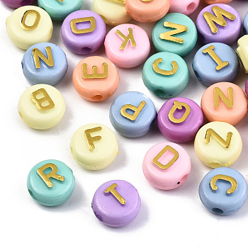 Opaque Acrylic Beads, Metal Enlaced, Horizontal Hole, Flat Round with Letter, Mixed Color, 10x6mm, Hole: 2mm, about 1550pcs/500g