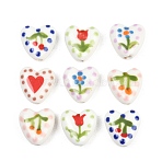 Handmade Porcelain Beads, Hand Painted Ceramic Beads, Heart with Flower/Cherry Pattern, Famille Rose Porcelain, Mixed Color, 15x15x7.5mm, Hole: 2.3mm(PORC-I031-01)