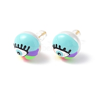 Natural Shell Eye Stud Earrings with Enamel, Real 18K Gold Plated Brass Jewelry for Women, Cyan, 14mm, Pin: 0.8mm(EJEW-G334-05B)