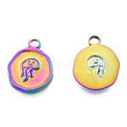 Ion Plating(IP) 201 Stainless Steel Pendants, Flat Round with Jellyfish, Rainbow Color, 16x13x2mm, Hole: 2mm(STAS-N098-244M)