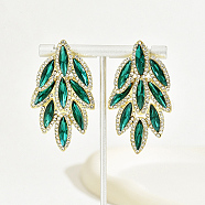 Real 18K Gold Plated Stainless Steel Stud Earrings, Glass Rhinestone Leaf Earrings for Women, Dark Green, 55x30mm(CS0500-4)