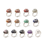 Gemstone Heart Adjustable Ring, Platinum Plated Brass Wire Wrap Jewelry for Women, Cadmium Free & Lead Free, Inner Diameter: 16.9~21.7mm(RJEW-G256-02P)