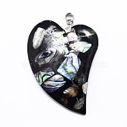 Brass Paua Shell Heart Big Pendants, Undyed, 45~48x30~32x5mm, Hole: 4mm(SSHEL-F0006-53)