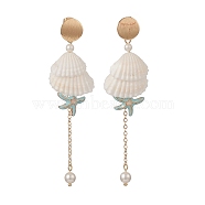 Natural Spiral Shell & Shell Pearl Dangle Stud Earrings, Brass Starfish Tassel Earrings for Women, Golden, 87mm, Pin: 1mm(EJEW-TA00220)