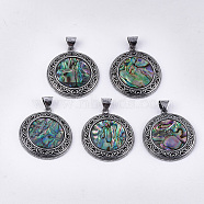 Abalone Shell/Paua Shell Pendants, with Resin Bottom and Alloy Findings, Flat Round, Antique Silver, 42.5x38x4.5mm, Hole: 8x6mm(RESI-S376-06)