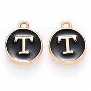 Golden Plated Alloy Charms, Cadmium Free & Lead Free, with Enamel, Enamelled Sequins, Flat Round with Letter, Black, Letter.T, 14x12x2mm, Hole: 1.5mm(X-ENAM-S118-02T)