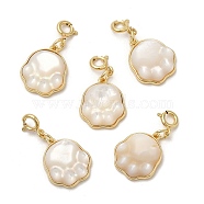 Natural White Shell Cat Paw Print Pendant Decorations, with Brass Spring Ring Clasps, Real 14K Gold Plated, 26mm(AJEW-P108-13G)