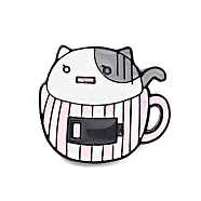 Coffee Cup Cat Enamel Pin, Electrophoresis Black Plated Alloy Badge for Backpack Clothes, Gray, 21.5x24x2mm(JEWB-H009-01EB-15)