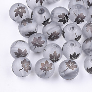 Autumn Theme Electroplate Transparent Glass Beads, Frosted, Round with Maple Leaf Pattern, Coconut Brown, 8~8.5mm, Hole: 1.5mm(EGLA-S178-01A)