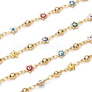 Handmade Brass Enamel Link Chains, with Spool, Long-lasting Plated, Soldered, Evil Eye, Star & Round, Golden, Colorful, Round: 8x4.5x3mm, Star: 11x5.5x2.5mm, about 32.8 Feet(10m)/roll(CHC-I036-29G)