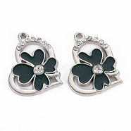 Alloy Pendants, with Enamel and Rhinestone, Platinum, Heart with Flower, Dark Green, 20x24x3mm, Hole: 1.4mm(PALLOY-N153-08-RS)