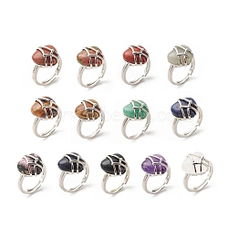 Gemstone Heart Adjustable Ring, Platinum Plated Brass Wire Wrap Jewelry for Women, Cadmium Free & Lead Free, Inner Diameter: 16.9~21.7mm(RJEW-G256-02P)