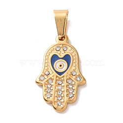 304 Stainless Steel Enamel Pendants, with Rhinestone and 201 Stainless Steel Bails, Hamsa Hand with Heart, Black, 22x13x2mm, Hole: 3.7x8mm(STAS-F277-04G)