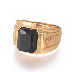 304 Stainless Steel Wide Band Rings, with Glass, Black, Golden, Size 7~12, 17~22mm(RJEW-D073-14-G)