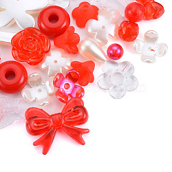 Opaque & Transparent Acrylic Beads, Mixed Shapes, Red, 7.5~33x7.5~43.5x4.5~16mm, Hole: 1.2~4mm, about 470pcs/500g(MACR-T045-01F)