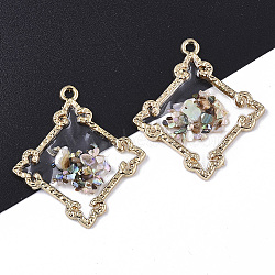Epoxy Resin Pendants, with Shell and Light Gold Plated Alloy Open Back Bezel, Rhombus, Clear, 33.5x30.5x2mm, Hole: 1.6mm, Side Length: 23mm(RESI-T045-005)