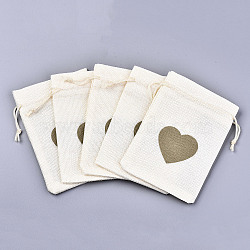 Burlap Packing Pouches Drawstring Bags, with Heart Pattern, Olive, 14x10cm(ABAG-Q052-02D)