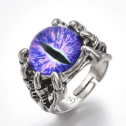 Adjustable Alloy Glass Finger Rings, Wide Band Rings, Dragon Eye, Blue Violet, Size 10, 20mm(RJEW-T006-02C)