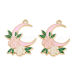 Rack Plating Alloy Enamel Pendants, Golden, Moon with Flower Charm, Pink, 31x24x2mm, Hole: 2mm(FIND-Q099-04C-01)