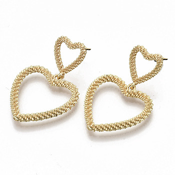 Brass Dangle Stud Earring, with Stainless Steel Pins, Nickel Free, Textured, Heart, Real 18K Gold Plated, 39x25mm, Pin: 0.7mm