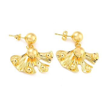 Rack Plating Brass Fan Dangle Stud Earrings, Long-Lasting Plated, Lead Free & Cadmium Free, Real 18K Gold Plated, 32x29mm