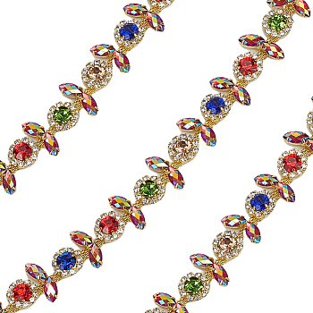 1Yard Iron Glass Rhinestone Chains, Rhinestone Cup Chains, Wedding Dress Decorative Rhinestone Chains, Flower, Golden, 17.5~18.5mm
