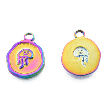 Ion Plating(IP) 201 Stainless Steel Pendants, Flat Round with Jellyfish, Rainbow Color, 16x13x2mm, Hole: 2mm