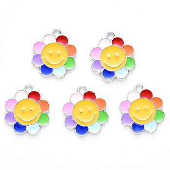 Alloy Enamel Pendants, Flower, Platinum, Colorful, 18.5x16x1.5mm, Hole: 1.6mm
