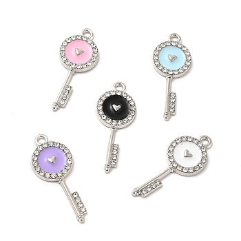 Alloy Enamel Pendants, with Crystal Rhinestone, Keys with Heart Charms, Platinum, Mixed Color, 31x12.5x2mm, Hole: 1.8mm