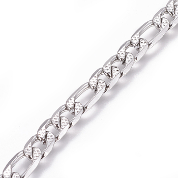 304 Stainless Steel Figaro Chains, Unwelded, Textured, Stainless Steel Color, 6mm, Links: 12x6x1.6mm and 9x6x1.6mm