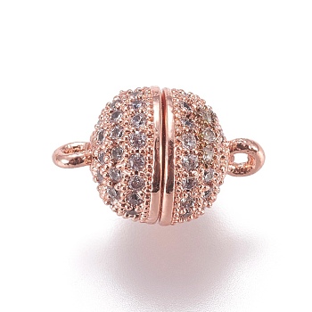 Brass Micro Pave Cubic Zirconia Magnetic Clasps with Loops, Round, Rose Gold, 13.5x8mm, Hole: 1.5mm