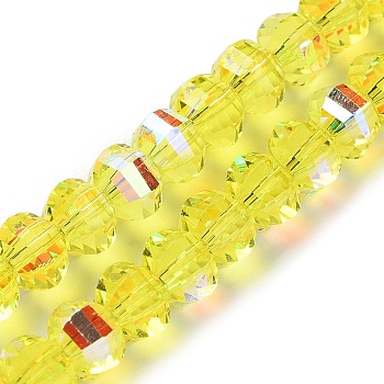 Transparent Electroplate Glass Beads Strands, AB Color Plated, Faceted, Rondelle, Yellow, 7.8x5.8~6.3mm, Hole: 1.5mm, about 80pcs/strand, 18.31''~19.88''(46.5~50.5cm)
