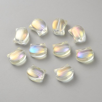 Electroplate Glass Beads, Full Rainbow Plated, Cat Shape, Champagne Yellow, 8x10x5mm, Hole: 1.2mm