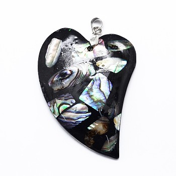Brass Paua Shell Heart Big Pendants, Undyed, 45~48x30~32x5mm, Hole: 4mm