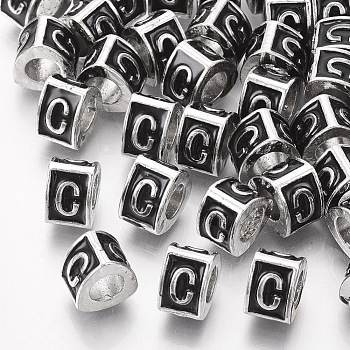 Alloy European Beads, Enamel Style, Large Hole Beads, Triangle with Letter, Platinum, Black, Letter.C, 9.5x9x6.5mm, Hole: 5mm