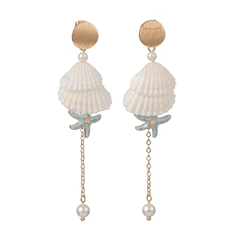Natural Spiral Shell & Shell Pearl Dangle Stud Earrings, Brass Starfish Tassel Earrings for Women, Golden, 87mm, Pin: 1mm