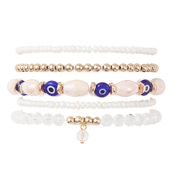 5Pcs 5 Style Glass & Lampwork Evil Eye Stretch Bracelets Set, Stackable Bracelet with Round Charms, Clear, Inner Diameter: 2-3/8 inch(5.9cm), 1Pc/style
