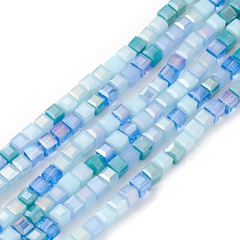 Gradient Color Electroplate Glass Bead Strands, AB Color Plated, Faceted, Cube, Pale Turquoise, 4x4x4mm, Hole: 1.2mm, about 94~97pcs/strand, 14.84~15.28 inch(37.7~38.8cm)