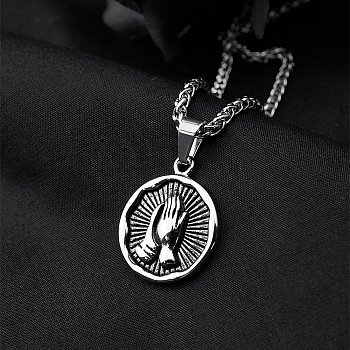 Fashionable Stainless Steel Praying Hands Pendant Necklaces for Women's Daily Wear, Antique Silver