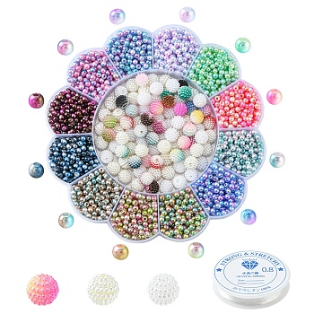 2490Pcs 15 Style Rainbow ABS Plastic & Acrylic Imitation Pearl Beads, with 1 Roll Clear Elastic Crystal Thread, Round, Mixed Color, 0.8~10x0.8~10mm, Hole: 1~1.2mm