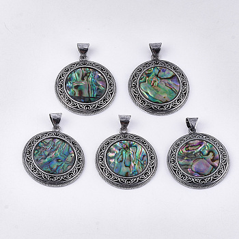 Abalone Shell/Paua Shell Pendants, with Resin Bottom and Alloy Findings, Flat Round, Antique Silver, 42.5x38x4.5mm, Hole: 8x6mm
