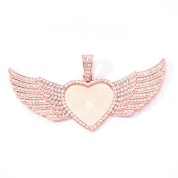 Alloy Pendant Cabochon Settings, with Crystal Rhinestone, Cadmium Free & Lead Free, Heart with Wing, Rose Gold, Crystal, Tray: 26.5x32.5mm, 47.5x107.5x6mm, Hole: 15mm