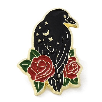 Crow & Flower Enamel Pins, Light Gold Alloy Brooch for Backpack Clothes, Red, 30x22x1.5mm
